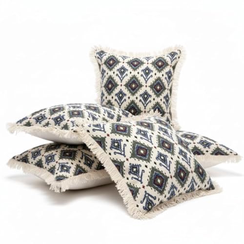 Image of Cotton Cushion Covers 16x16 Inch | Handwoven Printed White Decorative Square Cushion Case with Fringe | Sofa, Living Room, Bedroom, Diwan Home Decor Throw Cushion Cover