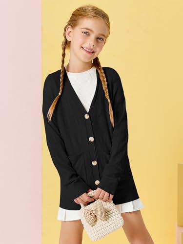 Image of Girls Cardigans Kids Fashion Open Front Long Sleeve Knit Sweaters Outerwear with Pockets 5-14 Years Black