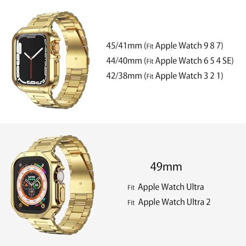 MRYUESG Compatible with Apple Watch Band and Case, Stainless Steel Metal Chain with TPU Cover, Smart-Watch Link Bracelet Strap, Wrist-Band for i-Watch Ultra Ultra2 Series 9 8 7 6 5 4 3 2 1 SE