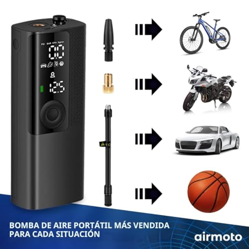 Inflador de neumáticos Airmoto Compresor de aire portátil - Bomba de aire para neumáticos de coche con medidor de presión digital, luz LED y función de apagado automático - Bomba inalámbrica para