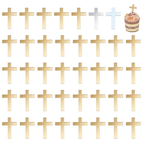 FINGERINSPIRE 48Pcs Charme Croix pour Gâteau Acrylique 50x34mm Croix Acrylique Miroir Or Pic à Gâteau Baptême Toppers pour Gâteaux Toppers pour Cupcakes pour Fête Religieuse Anniversaire Mariage