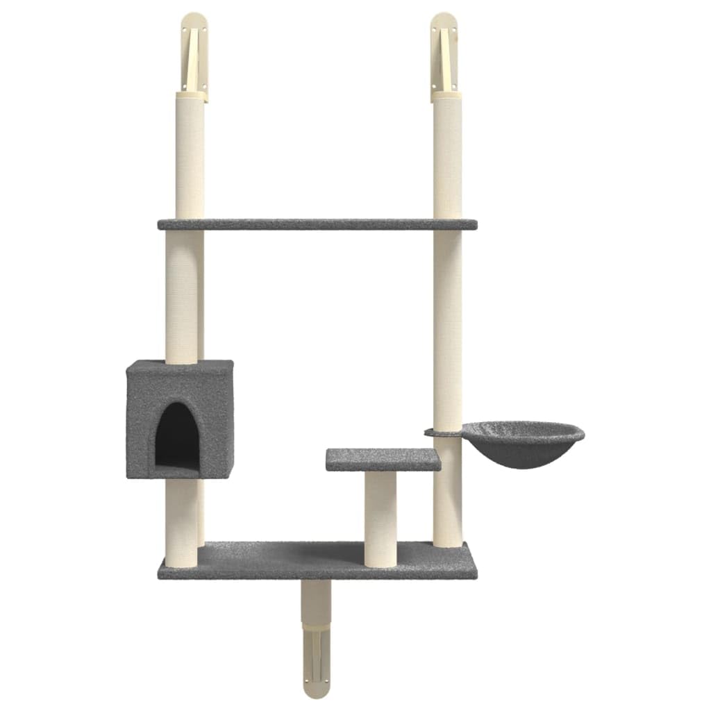 Kratzbaum Katzenbaum mit Sisalstamm und Kratzbrett 153 cm Höhe Dunkelgrau Wandmontage Katzenmöbel mit Liegefläche Höhle Plattform Hängematte und Spielball für Klettern und Krallenpflege