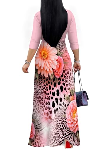 Image of PinkPatty Plus Size Maxi Dress for Women Casual V Neck 3 /4 Sleeve Boho Printed Long Dress with Pockets