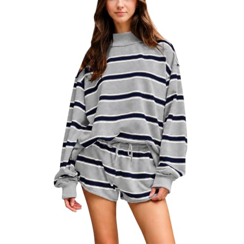 Womens Sweatsuits 2 Piece Set Striped Two Piece Mockneck Sweatshirt Shorts - image 4