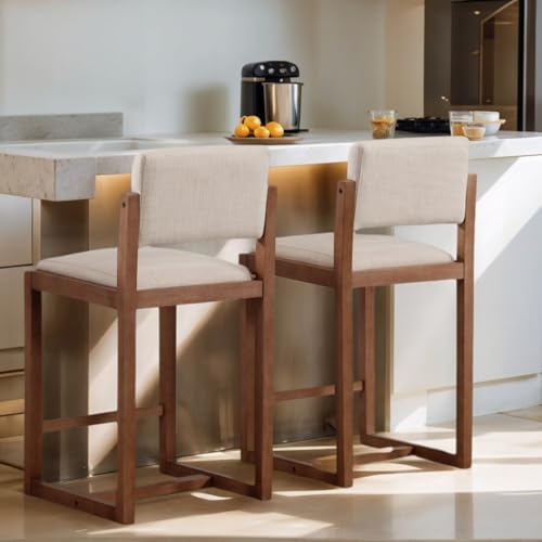 Butacos de barra LukeAlon, tapizados en lino beige, con patas de madera sólida y reposapiés, altura de asiento 26 pulgadas, set de 2 piezas miniatura 6