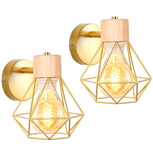 iDEGU Lot de 2 Appliques Murales Industrielles Design Cage Vintage Lampe Murale Interieur en Bois Métal Ajustable Luminaire E27 Plafonnier Lampe de Mur pour Chambre...