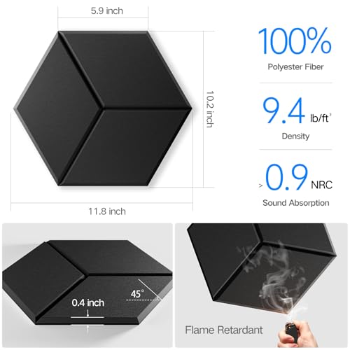 Dailycooper 12 Pack Self-Adhesive Acoustic Panels 12" X 10" X 0.4" - Sound Proof Foam Panels for Walls with High Density, Y-Lined Design, Flame Resistant, Absorb Noise and Eliminate Echoes(Black)