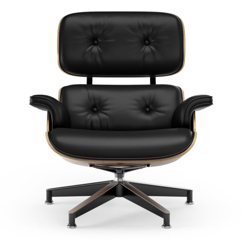 Image of Top Black PU Leather, Mid Century Chaise Lounge Chair and Ottoman, Modern Chair Classic Design, Walnut Wood, Heavy Duty Base Support for Living Room Office