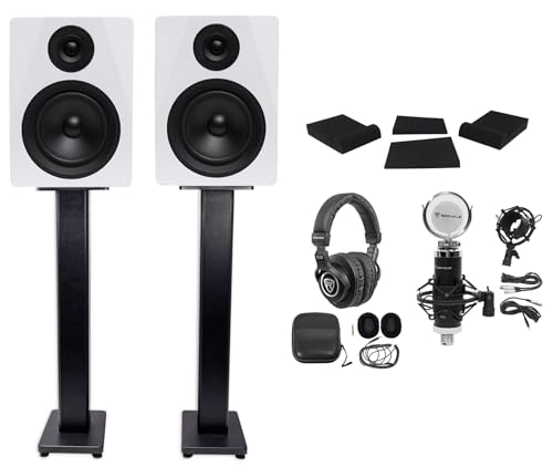 Rockville Bundle: (2) DPM5W Monitor Speaker Bundle with PRO-M50 Studio Headphones & (1) Pair RHTSC Bookshelf Speaker Stands & (1) Pair RRS190S Monitor Isolation Pads (7 Items)