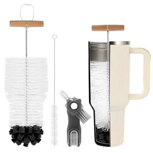 3 PCS Bottle Clean Brush Set Long Wooden Handle Bottle Cleaner Brush for Stanley Cup Tumblers 3 in1 Cup Lid Cleaning Brush Long Straw Brush Water Bottle Clean Brush Kit for Bottle Cups Coffee Mugs
