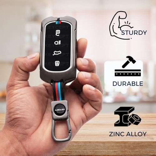 Image of KEYCEPT Metal Alloy Key Cover Compatible for Tata Curvv, Curvv EV Smart Key with Keychain (Dual Black & Tan).