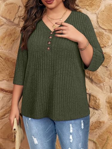 Image of Koscacy Women Plus Size V Neck 3 /4 Roll Sleeve Sweater Casual Knit Tops Solid Color Blouses