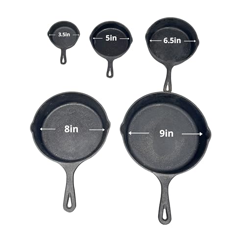 Image of 5-Piece Cast Iron Skillet Set - Pre-Seasoned Nonstick Frying Pans (3 inch, 5 inch, 8 inch, 9 inch, 12 inch) - Heavy Duty Cookware for Kitchen, Stovetop, Oven & Outdoor Grill Use