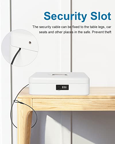Cash Box with Combination Lock, Money Safe for Cash, Lock Box with Security Cable 11.8 x 9.5 x 3.54 Inches, White