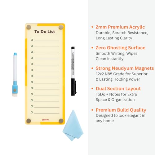 Image of Magnetic Acrylic Fridge Weekly Planner | Family Calendar & Daily Routine Organiser | Reusable Fridge Magnet Board | 24x10 cm | Yellow