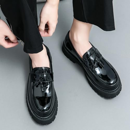 Image of Mens Leather Slip-On Platform Dress Tassels Loafers Non-Slip Low Top Round Toe Chunky Penny Shoes for Business Casual Dress Prom Party