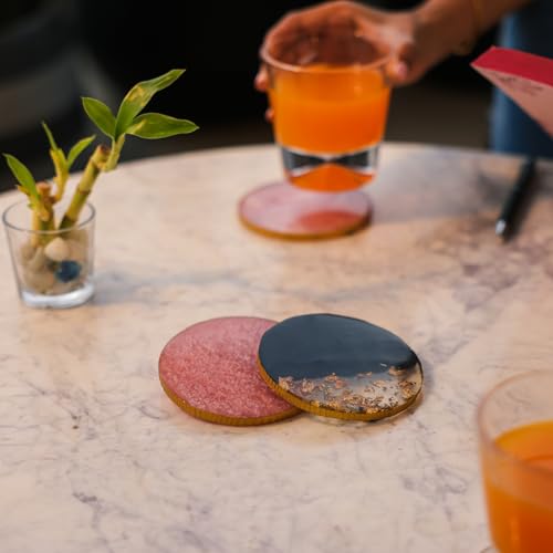 Image of Ireka Home Midnight Gold Resin Coasters (Set of 4) - Black & Gold Starry Design with Shimmering Edges and Soft Pink Accents, Perfect for Coffee Cups, Mugs & Table Decor