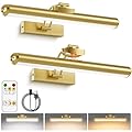 Picture Light for Wall with Remote, Wireless Battery Operated Wall Lights with 3 Colors Dimmable & Timer, 12.6" Rechargeable Metal Wall Sconce for Living Room, Artwork Gallery Display, Gold-2Pack