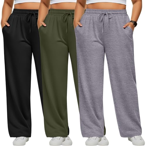 Neer 3 Pack Women's Plus Size Pants, Drawstring Wide Leg Lounge Pants with Pockets Casual Pajamas Comfy Loose Yoga Sweatpants