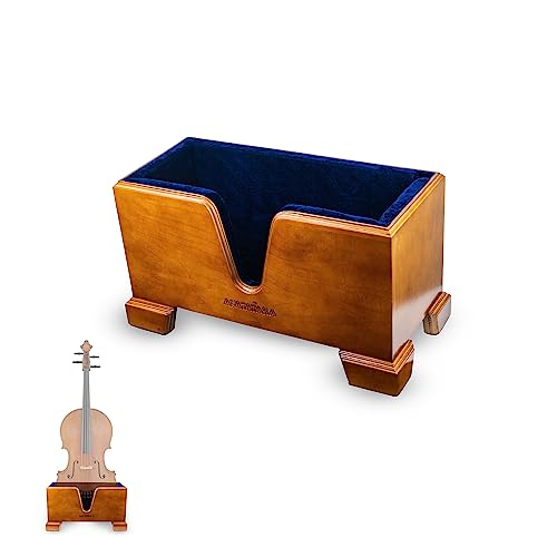 AFATATARA Cello Box Stand – Luxury Navy Blue Plush Liner – Wooden Mahogany-tone Upright...
