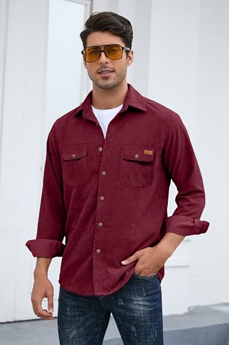 Image of Comdecevis Men's Corduroy Button Down Jacket Long Sleeve Lightweight Cotton Work Shirts Jackets with Flap Pockets Wine Red 3X-Large