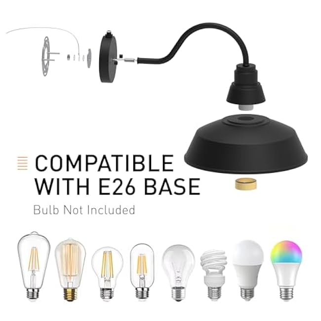 12.4 Dome Gooseneck Barn Light, Outdoor Anti-Rust&Waterproof Farmhouse Wall Sconce, Outdoor Wall Lanterns for Porch/Patio, E26 Base 100W Max(Black 2-Pack Dusk to Dawn Outdoor Lighting)