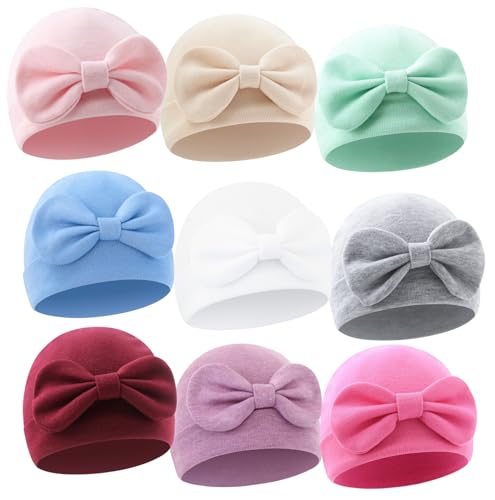 QandSweet Baby Girl Hats Sewn Bow Cotton Infant Beanie Cap Newborn Hospital Hat 0-6 Months