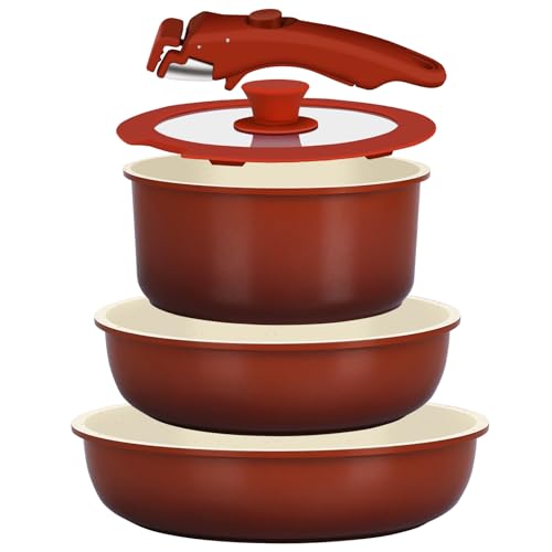 Image of GiPP 5PCS Pots and Pans Set Non Stick, Nonstick Cookware Set Detachable Handle, Ceramic Pots for Cooking Non Stick with Removable Handle, RV Cookware Set for All Stoves, Red Black Gradien