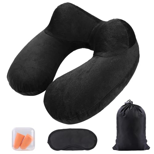 AiQInu Cojin Cuello Viaje, Almohada de Viaje Hinchable con Funda Lavable,Incluye Tapones para los Oídos, Máscara de los Ojos y Bolsa de Transporte Oficina del Automóvil del Avión
