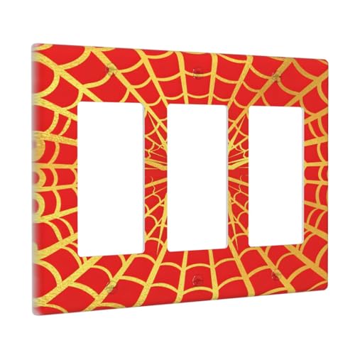 Decorative Outlet Covers Red Background with Golden Spiderweb Spider 3 Gang Outlet Cover Wall Plate Triple Rocker Light Switch Cover Plate Switch Plate Covers for Bedroom Decor