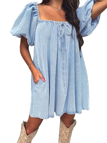 EXLURA Womens Summer Denim Short Puff Sleeve Dresses Knit Loose Plus Size Short Mini Dress 2025 Trendy Outfit