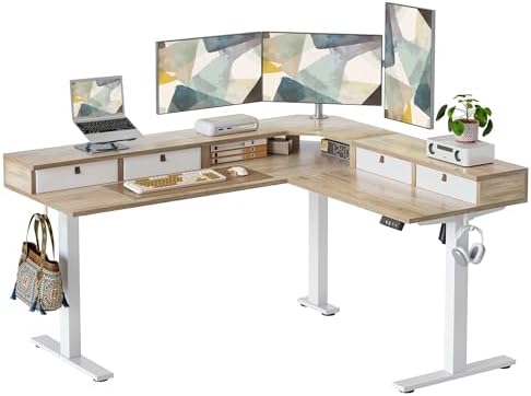 TIQLAB L Shaped 63 x 55 inch Standing Desk Adjustable Height, Electric Corner Standing Desk with 4 Drawers and Upper Shelf, Sit Stand Computer Table with Splice Board, Maple
