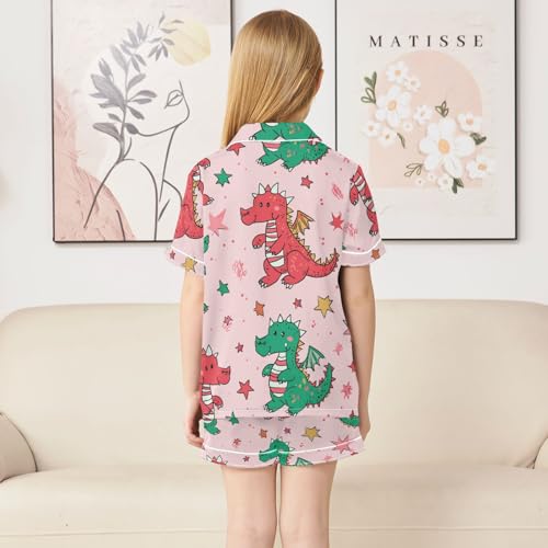 Satin Pajama Sets Short Sleeve Cute Dragons on Pink Button Down Silky Nightwear 2 Piece PJS 5-14Y4