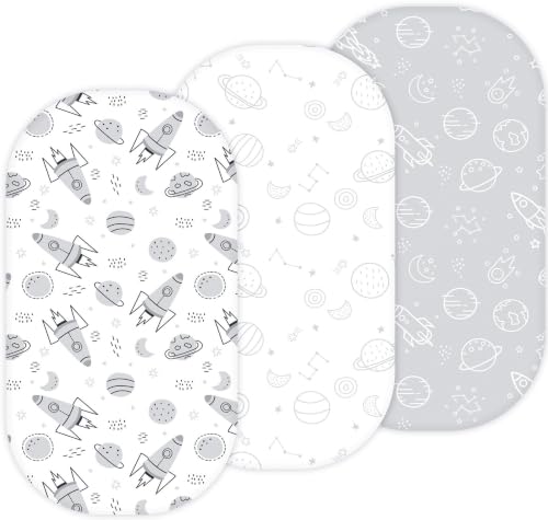 Image of TansyPanda 30x18 Bassinet Sheets Set, Snug Fit for All Oval Bassinets Like Maxi COSi, Dream On Me, Baby Delight, Delta Children, Munchkin, 4moms, Chicco & More, Breathable Unisex Bedding, Gray Space