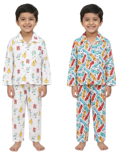 Image of The Mom Store Kids Cotton Night Suit for Boys and Girls | Breathable Night Dress for Kids Boys and Girls | Printed Nightsuit Pajama Set | Comfortable All-Season Sleepwear for Daily Use | Combo Set