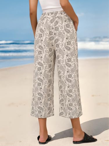 Image of ECUPPER Womens Cotton Cropped Pants Loose Fit Wide Leg Trousers | Casual, Plus Size, Elastic Waist, Capri, 100% Cotton, Slant Pockets, High Rise Waist, Lounge Pants