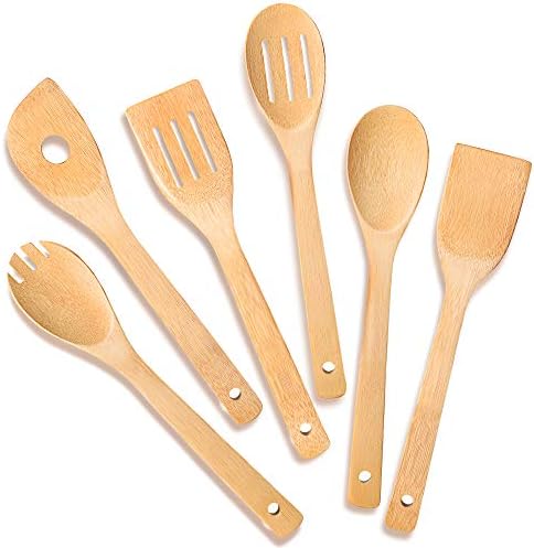 IOOLEEM Cooking Utensil Set (6, Natural Bamboo), wooden spoons for cooking, spatula set, wooden utensils for cooking, bamboo utensils, wooden spatula for cooking