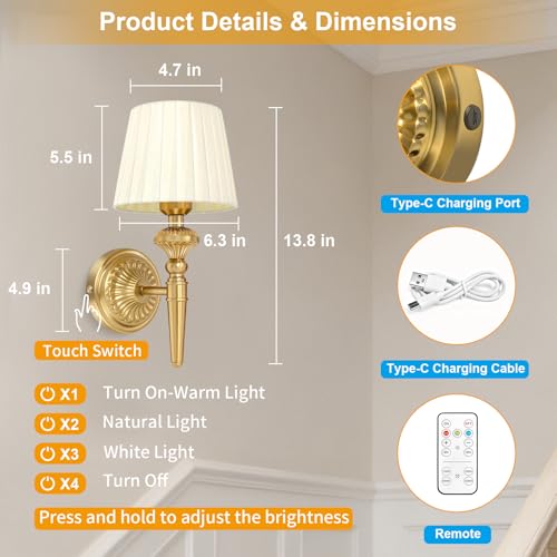 Image of Cordless Battery Powered Wall Sconce Vintage Set of 2, Wireless 6800mAh Rechargeable Battery Antique Small Wall Lamp for Wall Painting, Living Room, Bedroom, Hallway, Touch Type & Remote, Timer(Gold)