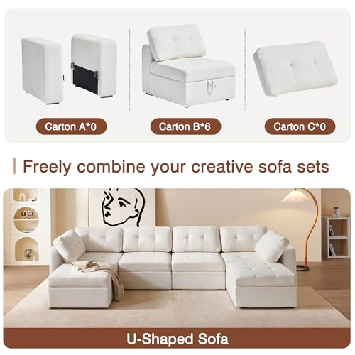 Image of QHITTY U Shaped Sectional Modular Sofa, 6 Seater Accent Couch with Hidden Extra Large Storage Space for Living Room, Beige White