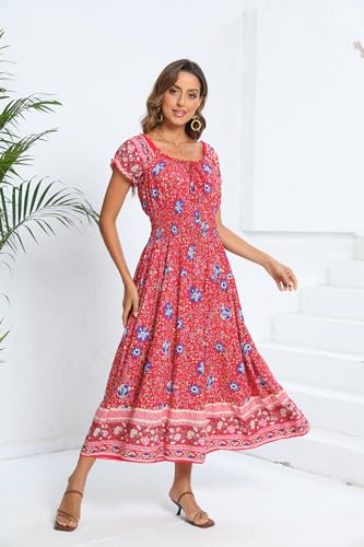 Image of OSTOO Women's Floral Maxi Dress Boho Summer Short Sleeve Smocked Waist Tiered Long Dress