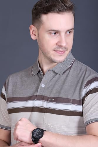 Image of GODFREY Striped Tshirt Shirts Men Cotton Polo T Shirt for Man with Pocket - Regular Fit Half Sleeve Collar T Shirts for Men