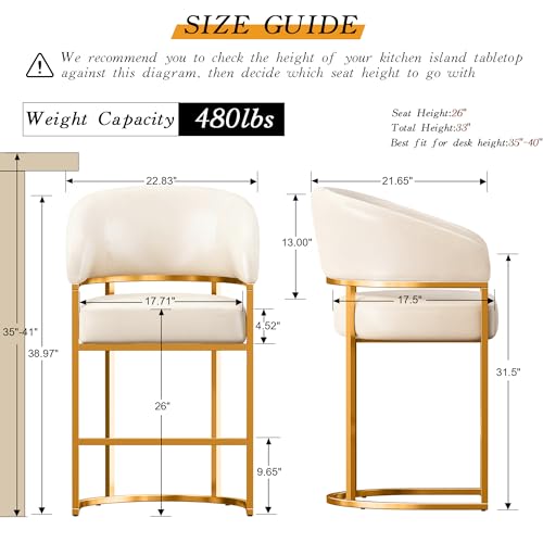 Set de 4 Butacos de Barra Modernos con Altura de Mostrador, Asiento tapizado en Cuero Sintético Beige y Estructura Metálica Dorada, Resistente hasta 480 lbs miniatura 2