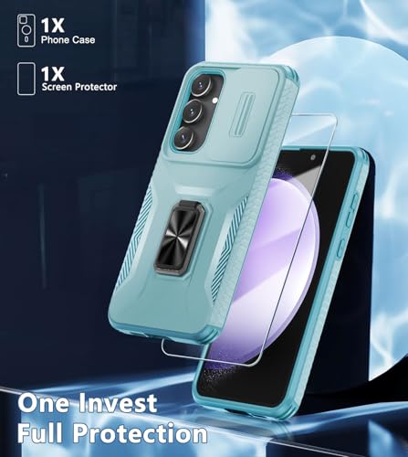 for Samsung Galaxy S25 Case, S24 Case with Screen Protector and Slide Camera Cover,Rotated Ring Kickstand,Military Grade Heavy Duty Shockproof Protective Phone Case-Mint Green