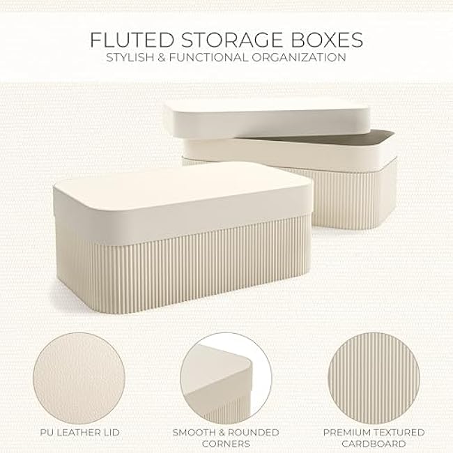 Decorative Storage Boxes with Lids ¨C Set of 2 Beautiful Fluted Cardboard Organizer Bins for Your Home Bookshelf Decor to Safely Store Your Documents, Memory Box Items and Other Keepsakes in Style