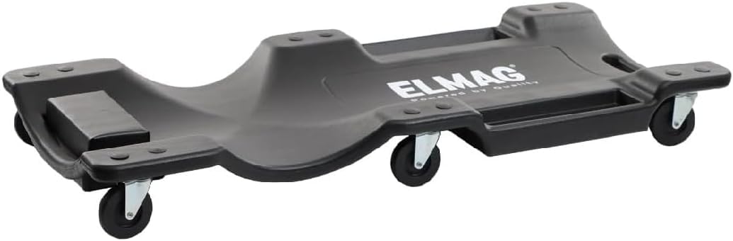 ELMAG Rollbrett Werkstatt 104 x 49 x 9 cm – Rollbrett als Montagerollbrett mit ergonomischem Design, gepolsterter Kopfstütze und Rollen – Werkstattliege mit Werkzeugablage – Bis 150 kg belastbar