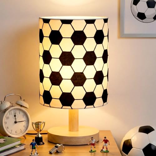 VIHOSE Soccer Kids Table Lamp for Bedroom Kids Bedside Lamp with Linen Wooden Nightstand Cartoon Nursery Lampshade for Girls Boys Living Room