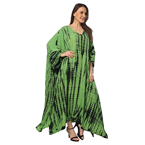 Anjaniya Kaftan Beach Maxi Dress Stripe Print Tie Dye Vneck Plus Size Bikini Bathing Suit Cover Ups Caftans For Women (Forest Green) #TOP1