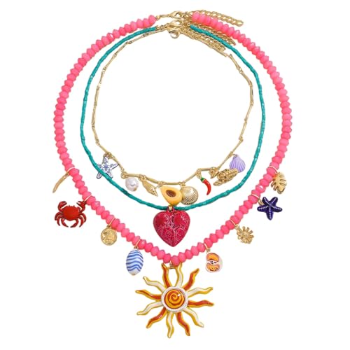 Bohemian Beaded Necklace for Women, Sun Sea Star Crab Shell Heart Pendant Necklace, Multichain Sea Life Jewelry Beach Gift for Party Summer Daily Wear