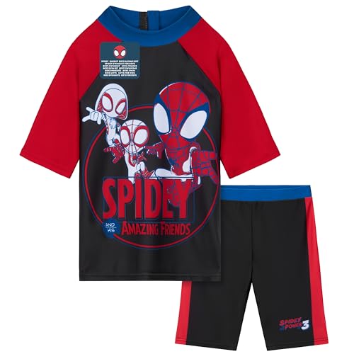 Get Trend Conjunto de fato de banho para menino fato de banho natação bebé conjunto de banho 2 peças com t-shirt e calças, Vermelho Spidey, 6-7 anos