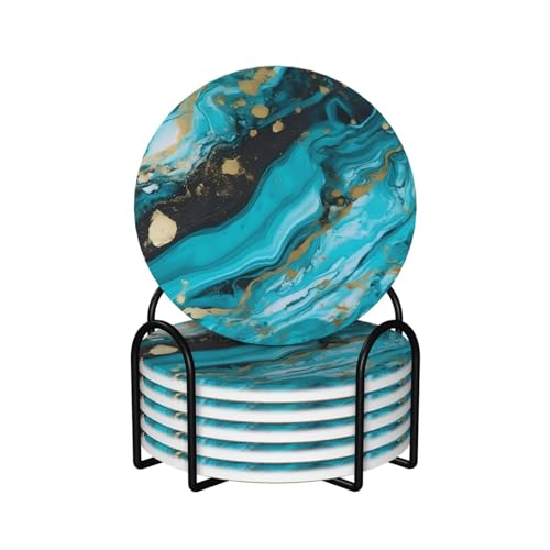 Dessous de verre céramique support métal bleu turquoise marbre table